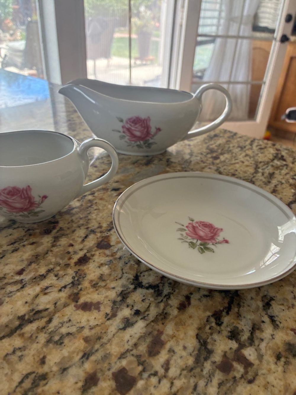 Porcelain Rose Dessert Bowl, gravy, bowl, and creamer with Silver Rim